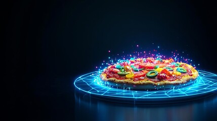 Customizable pizza with holographic toppings, AI culinary assistant, futuristic food concept