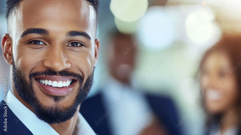 Poster a man with a beard and a smile is smiling at the camera