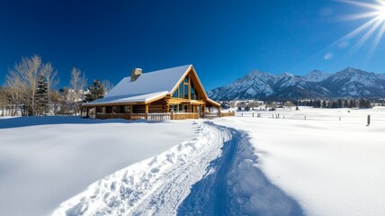 Fototapeta premium A log cabin in the snow with a path leading to it