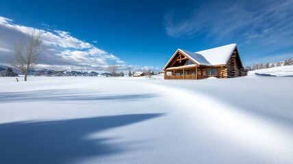 Fototapeta premium A house with a porch sits in a snow-covered field