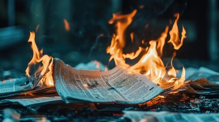 A dramatic side view of a newspaper burning, flames consuming the pages, symbolizing media destruction or the spread of dangerous information.
