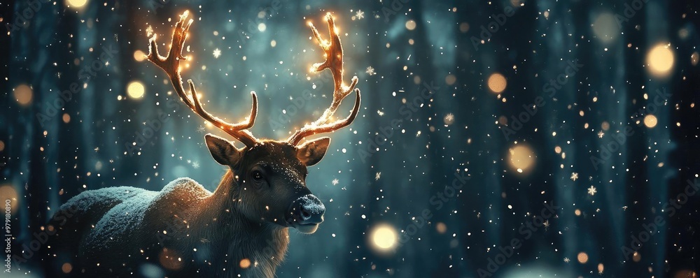 Poster majestic deer in a snowy forest, illuminated by soft lights, creating a serene winter atmosphere wit