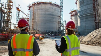 Engineers overseeing the construction of new LNG storage tanks, part of an expansion to increase the facility storage capacity for global gas supply