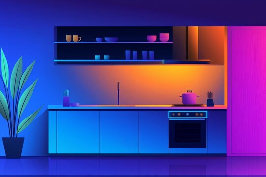 High-tech kitchen with AI holograms suggesting meal customizations, futuristic food prep
