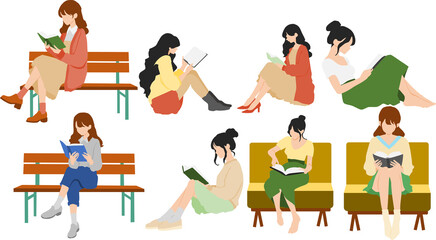 読書中の女性のイラストセット