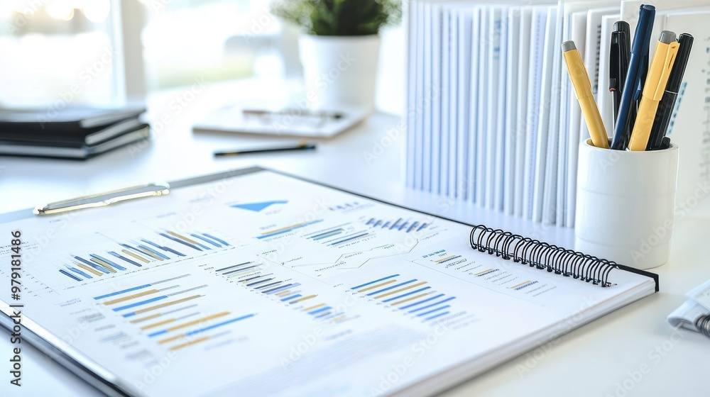 Poster business charts and graphs analysis report with pens and notebook
