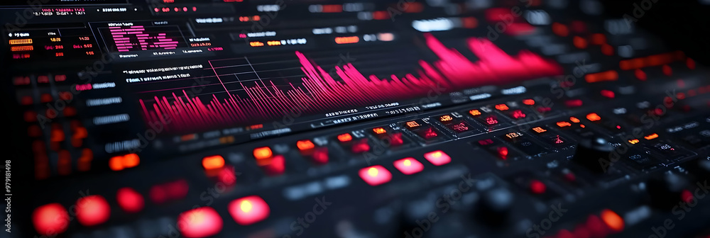 Poster abstract background - futuristic technology interface with glowing lights and data charts