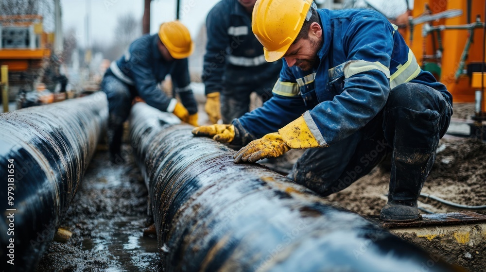 Poster workers performing maintenance on a gas pipeline to ensure the integrity of the infrastructure and p