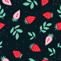 Red strawberry pattern in Doodle style. For stationery design, textile, background, website, apps. Vector illustration drawn by hand.