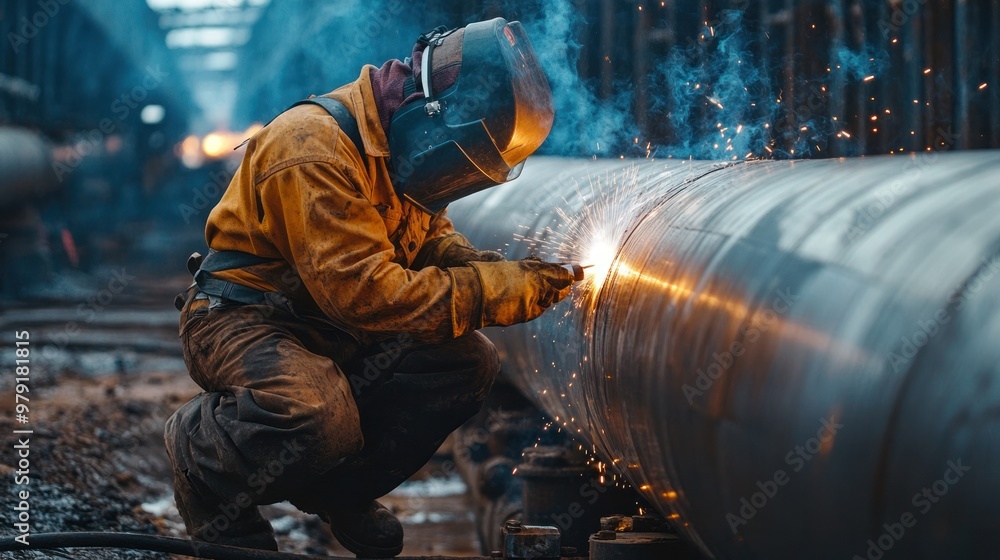 Poster workers welding together sections of a gas pipeline, ensuring the infrastructure is built to safely 