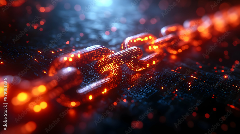 Poster 3d illustration - blockchain security: glowing chain links on circuit board