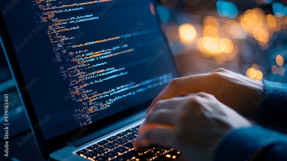 Aufkleber a person is typing on a laptop with a screen displaying a lot of code