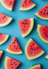 Watermelon pattern on a blue background, laid flat, top view, geometric shapes, summer concept, minimal style.