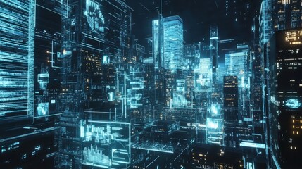 Futuristic Holographic City Analysis, Featuring Advanced Technology and Augmented Reality for Urban Planning and Data Visualization