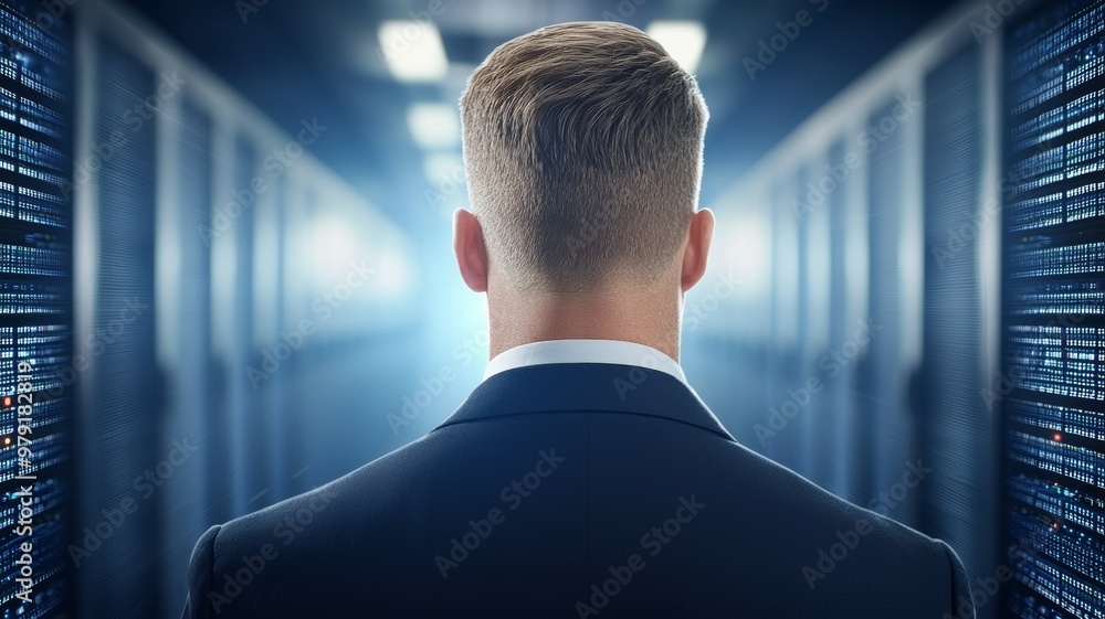 Poster a man in a suit is looking at a computer screen
