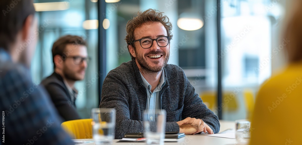 Poster smiling businessman enjoying a relaxed conversation in a modern office setting with colleagues