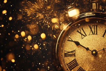 A glittering clock strikes midnight amidst golden sparks and bokeh lights