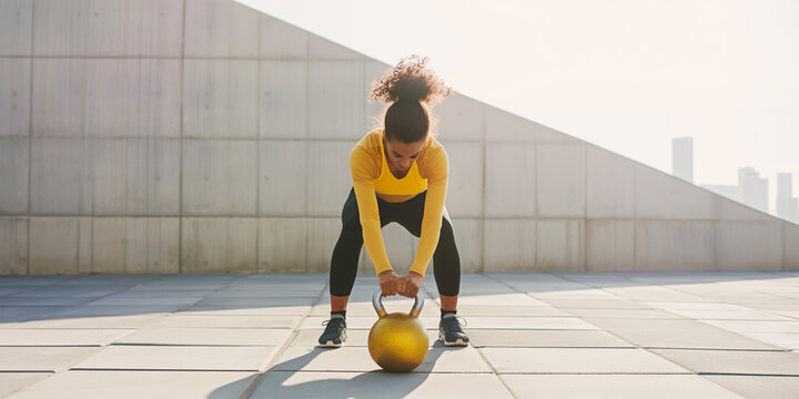 Athletic black woman working out with kettlebell squat exercise on urban rooftop