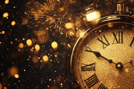 A glittering clock strikes midnight amidst golden sparks and bokeh lights