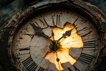 Cracked antique clock with glowing light