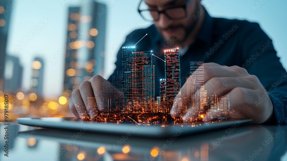 Sticker A man is looking at a tablet with a city view on it