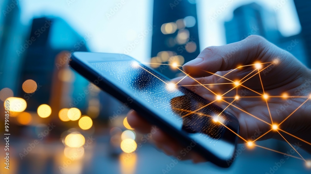 Poster a hand is holding a cell phone with a screen displaying a network of lines