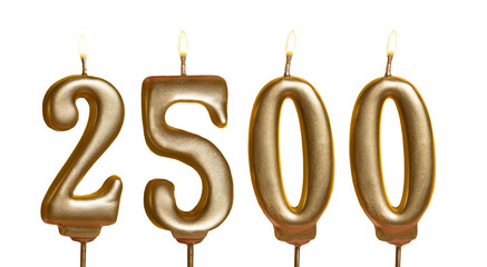 2500. Candles with fire with the number fifty. Golden volumetric numbers isolated on a transparent background. For anniversaries, subscribers, sales, greeting cards.