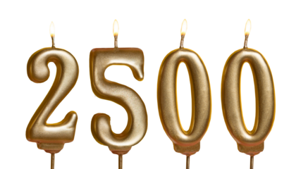2500. Candles with fire with the number fifty. Golden volumetric numbers isolated on a transparent background. For anniversaries, subscribers, sales, greeting cards.
