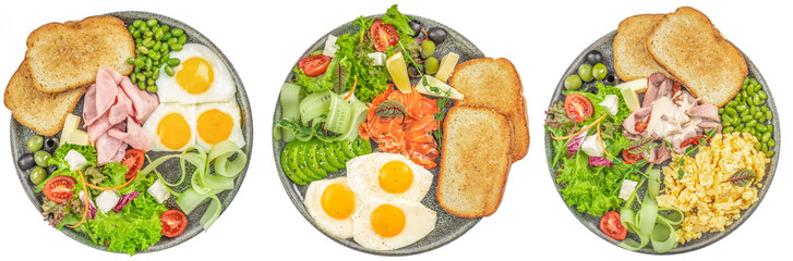 Assortment of breakfast or brunch plate isolated on white background. top view