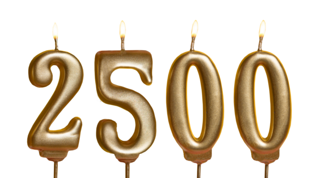 2500. Candles with fire with the number fifty. Golden volumetric numbers isolated on a transparent background. For anniversaries, subscribers, sales, greeting cards. - Powered by Adobe
