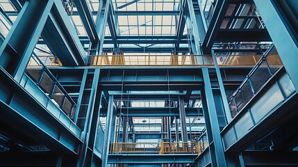 Abstract view of steel beams and metal structures in an industrial setting, representing engineering and construction strength