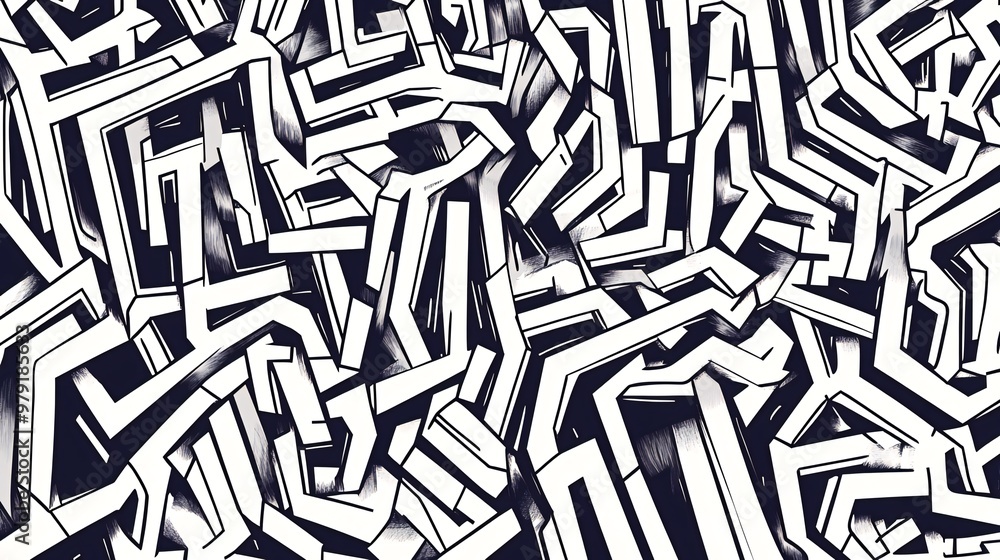 Poster abstract black and white geometric pattern with a repeating motif of interlocked shapes.