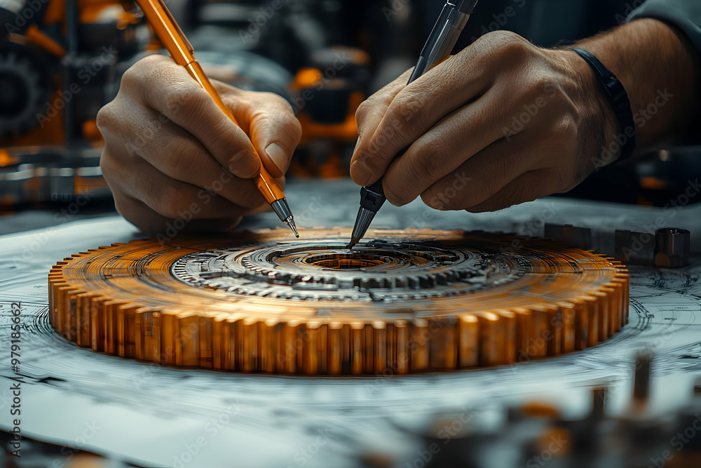 Poster engineering precision realistic image of hands drafting with gear model