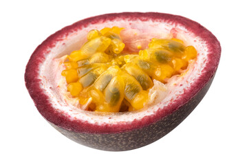 Red passion fruit with yellow pulp isolated on white background.