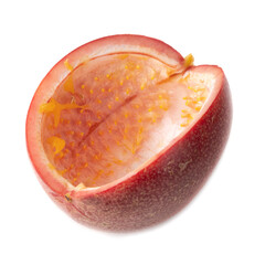 Red passion fruit with yellow pulp isolated on white background.