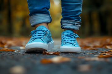 Photo of Blue Sneakers Walking on Autumn Leaves