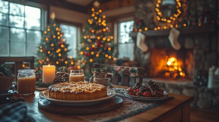 Christmas Eve Coziness: A warm, inviting cabin bathed in the golden glow of Christmas lights, a crackling fireplace, and a delicious pie set for a festive gathering. 