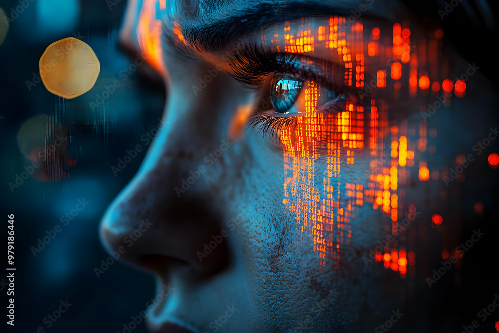 Aufkleber digital art - eye of technology: a human face merges with binary code in a futuristic illustration