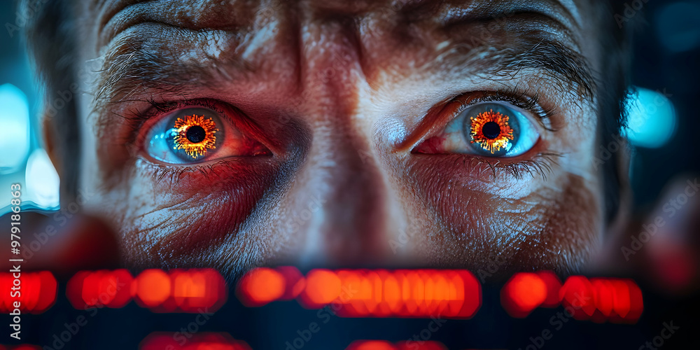 Poster staring eyes realistic image of a man with glowing eyes and keyboard reflection
