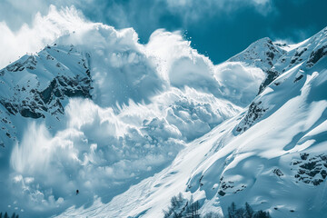 Fototapeta na wymiar Avalanche falling in a ski resort area endangering skiers and mountaineers while showing the risks of natural disasters in mountains