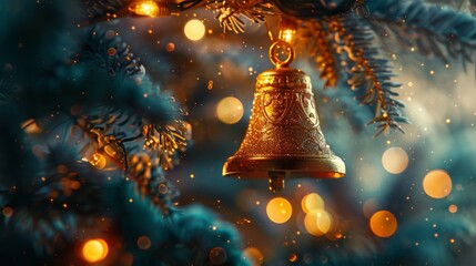 A golden bell hanging on a fairy lighted christmas tree inside a warm house