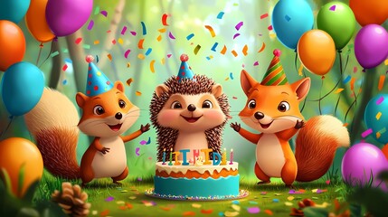 Obraz premium Three animated woodland creatures celebrate a birthday with a colorful cake.