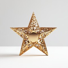 Fototapeta premium A reflective 3D golden star with intricate detailing, isolated on a clean white surface, representing success and excellence