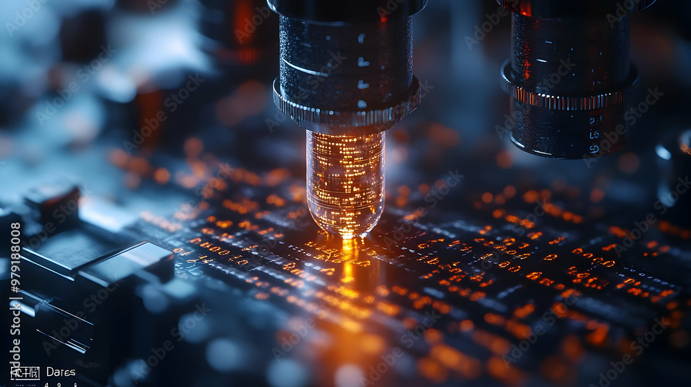 Poster 3d illustration of microscopic data analysis with glowing vial and circuitry
