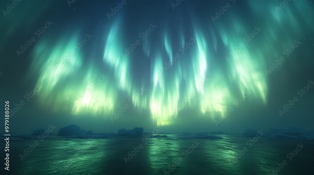 Canvas Prints vibrant green aurora borealis illuminates the night sky over a frozen ocean landscape.