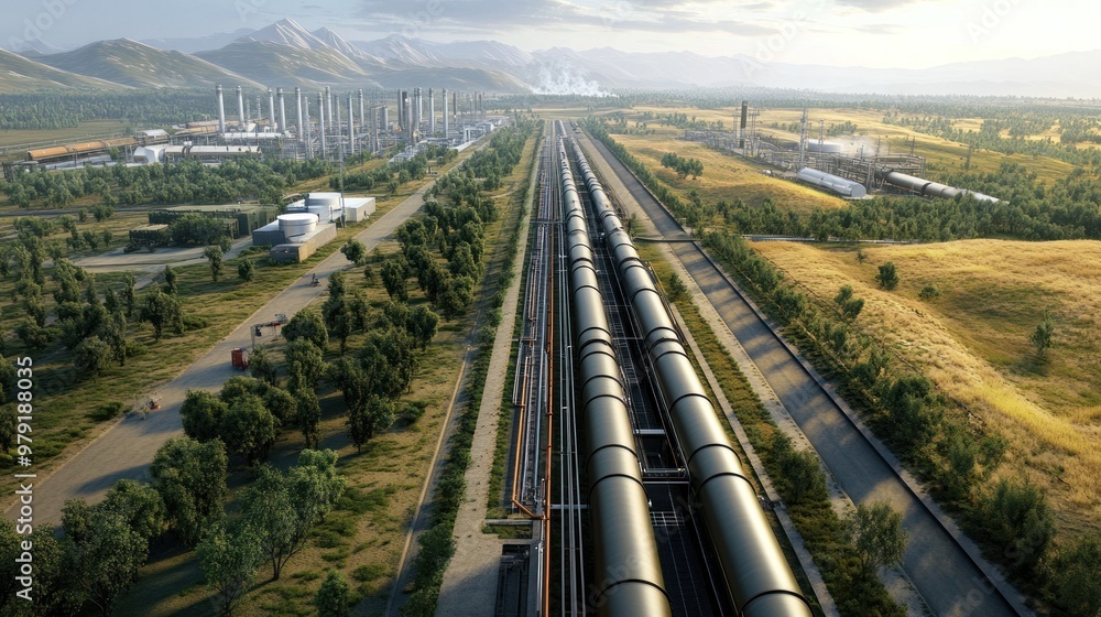 Aufkleber eye view of a natural gas infrastructure network, with pipelines running through remote areas and co