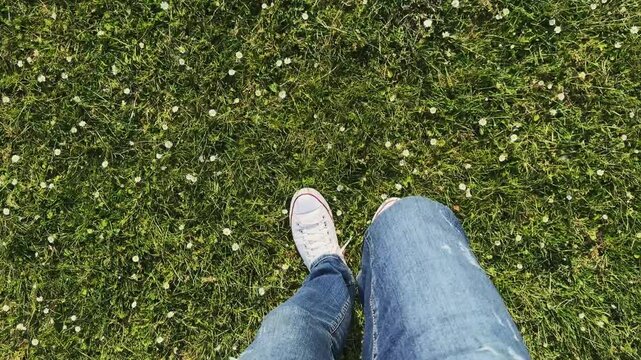 Pov of person walking on a grassy park field. The grass is green and the person is wearing white snickers shoes