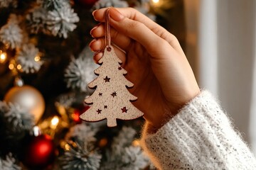Wooden Christmas tree decorations. Eco Christmas tree baubles in female hands close-up.