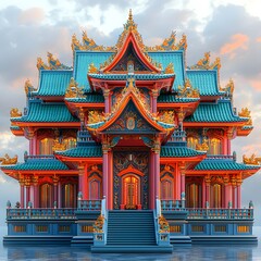Obraz premium Retro-style temple in Thailand with vibrant colors and minimal technology details. The traditional blessing ambiance merges with futuristic elements