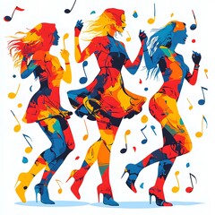Fototapeta premium Colorful retro-inspired illustration of people dancing to music, featuring bold contrasting hues and minimal details on the model. The entertainment vibe is isolated on a white background